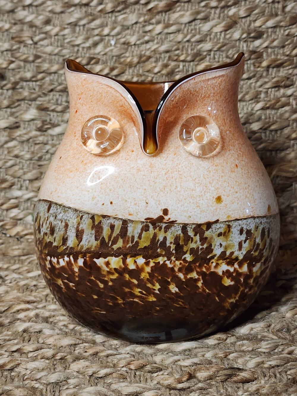 Vintage Hand Blown Studio Art Murano Glass Owl Vase Brown Cream 7" Home Decor